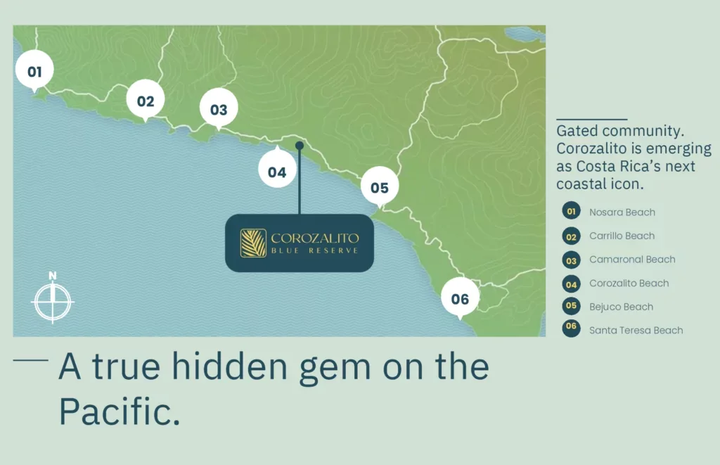 Mapa de la costa pac&iacute;fica de la pen&iacute;nsula de Nicoya que muestra Corozalito Blue Reserve entre Nosara, Carrillo, Camaronal, Bejuco y Santa Teresa