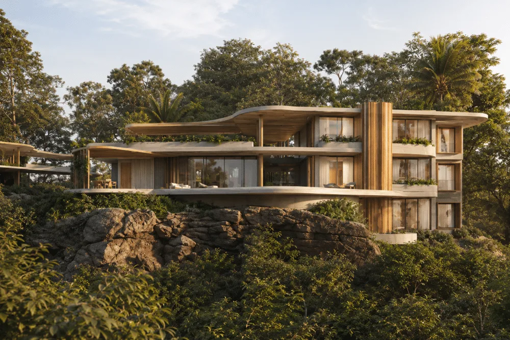 Render arquitectónico de una casa Waldorf Astoria: terrazas apiladas de madera y concreto entre árboles nativos