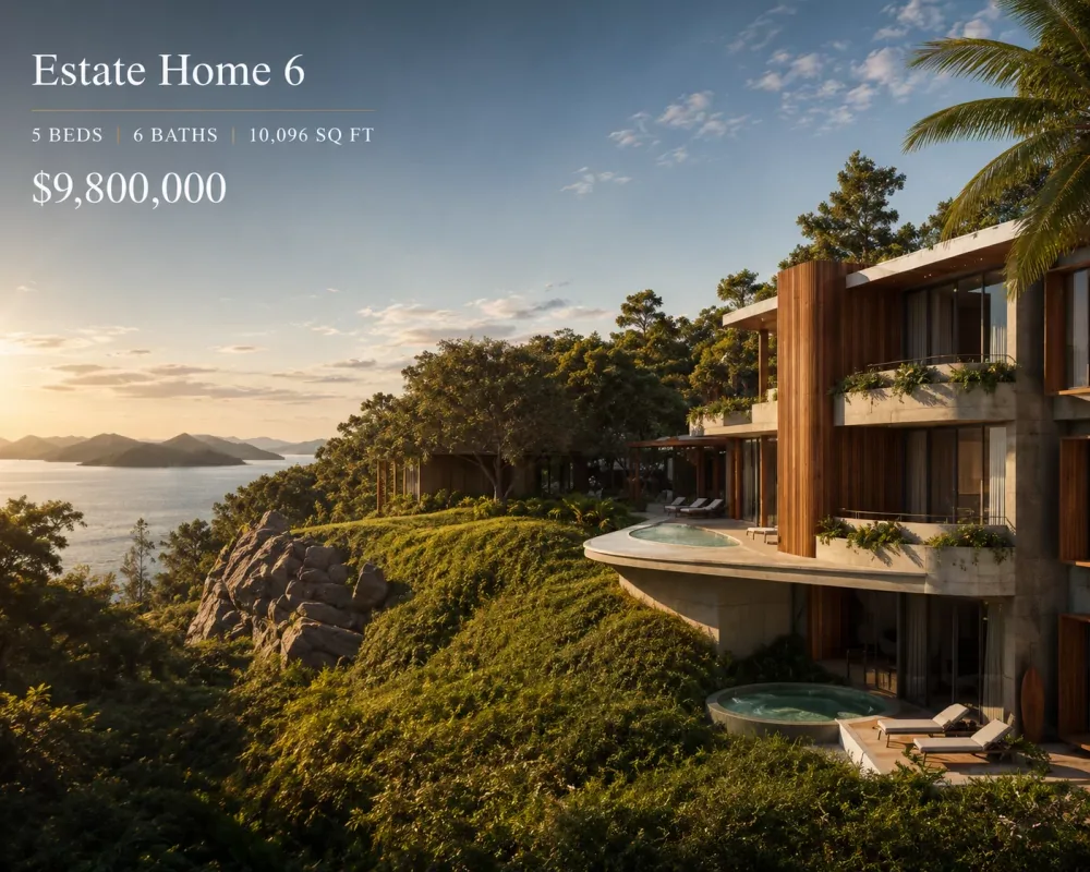 Render arquitectónico de la Casa 6 frente al golfo, con piscina de inmersión y terrazas soleadas